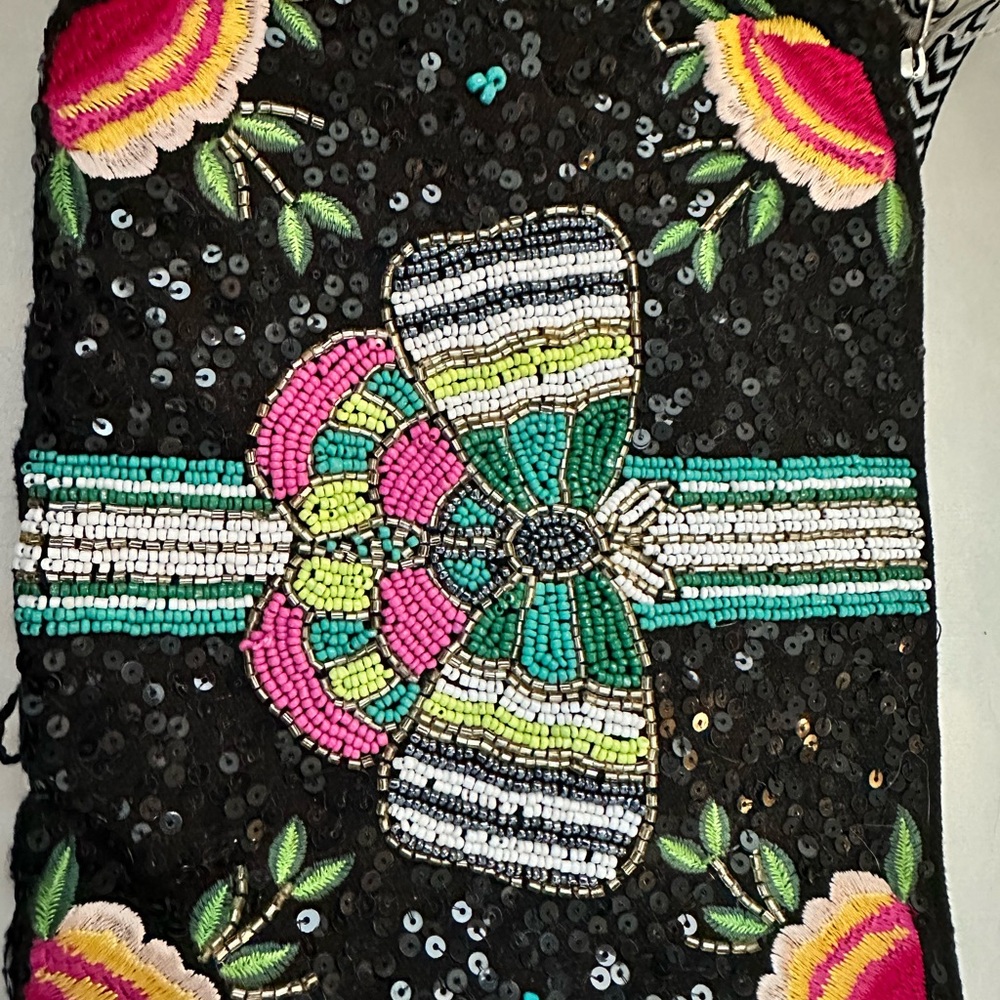 NWT Beaded Black Floral Clutch